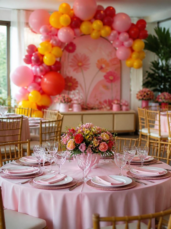 Mesa de aniversário posta, com flores e decoração colorida ao fundo